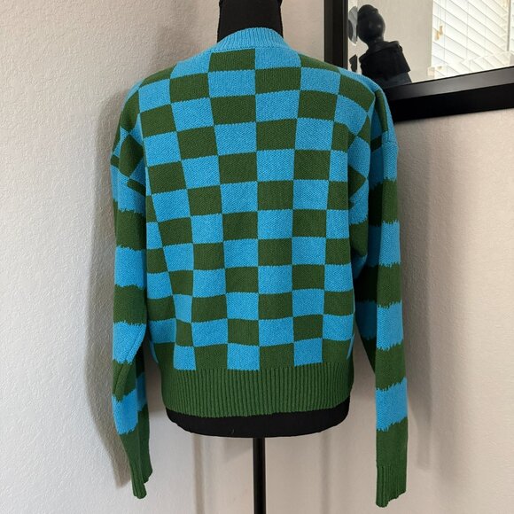 ZARA Mushroom Toadstool Blue Green Striped Check Quirky Indie Sweater Medium - Picture 8 of 15